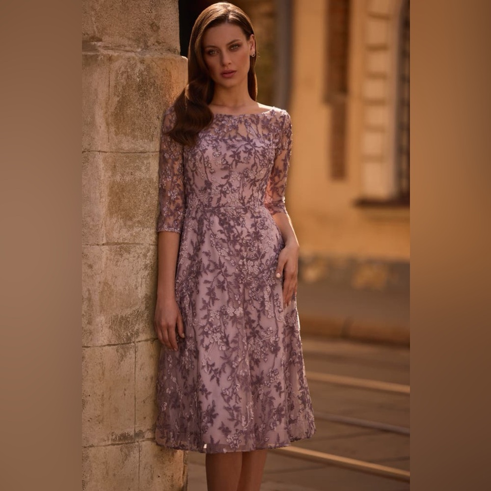 La Femme 
Tea Length Embroidered Dress with Sheer Sleeves $398 - Picture 3 of 5
